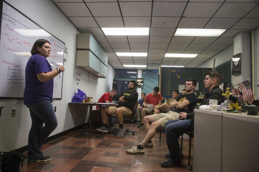 Tiffany Baker-Strothkamp, Team Leader of PAVE and President of UIVA, addresses members of PAVE during their monthly meeting in the Communications Center on Tuesday, October 9, 2018. PAVE, or Peer Advisors for Veteran Education, pairs new student veterans with a student veteran mentor. Their goal is to make the transition back into civilian life easier.