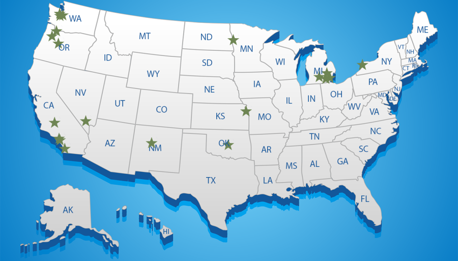 A gray United States map with green stars on it indicating the location of each PAVE Partner Campus.