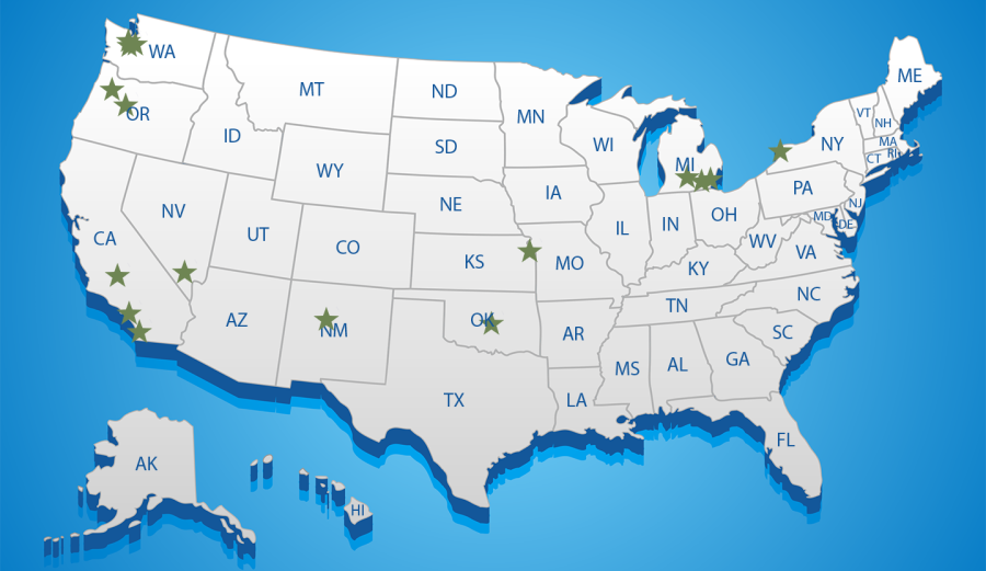 A gray United States map with green stars on it indicating the location of each PAVE Partner Campus.